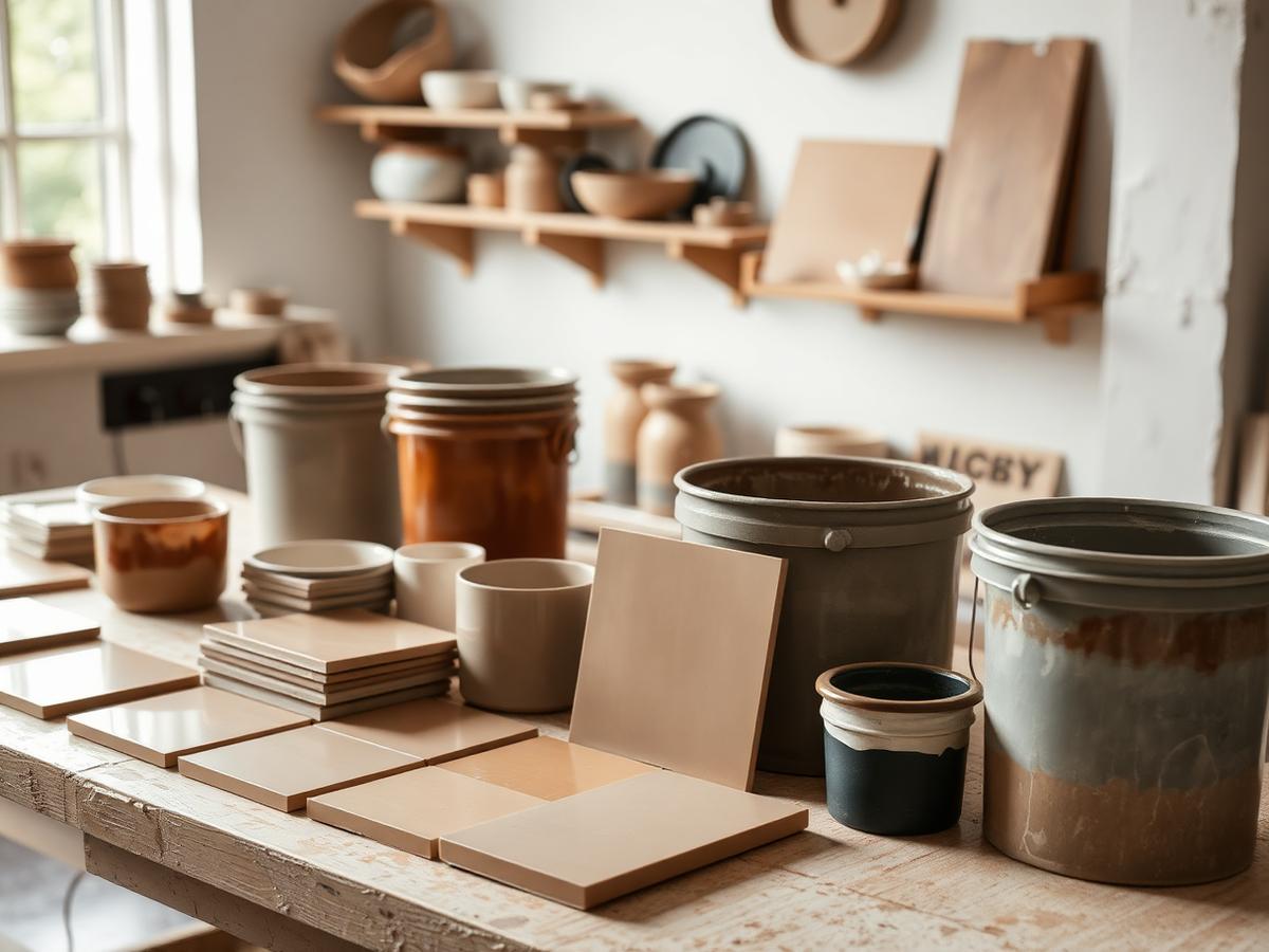 Professional ceramic tools and glaze materials arranged in the studio