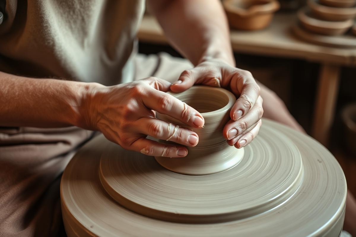 A new member learning to center clay with guidance nearby