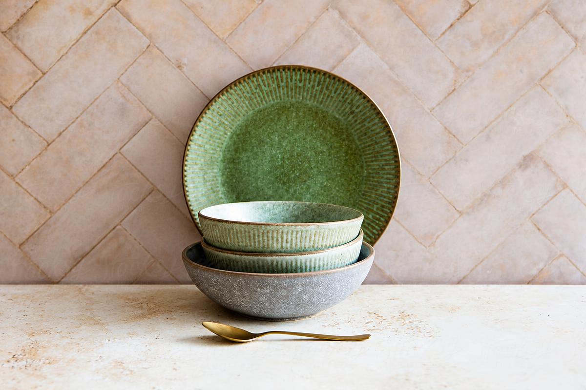 Green ceramic plate and stacked glazed bowls beside a gold spoon