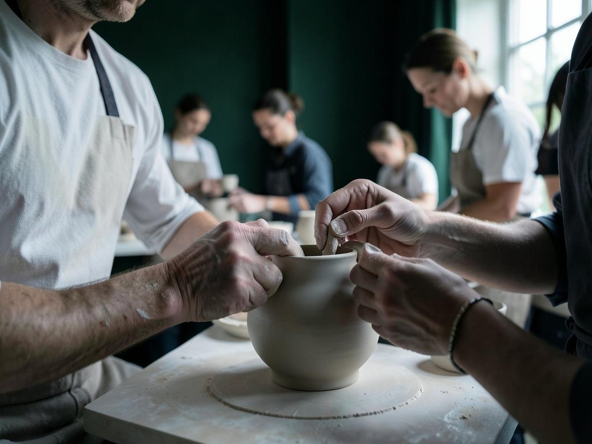 Hands shaping a handbuilt clay form at a worktable