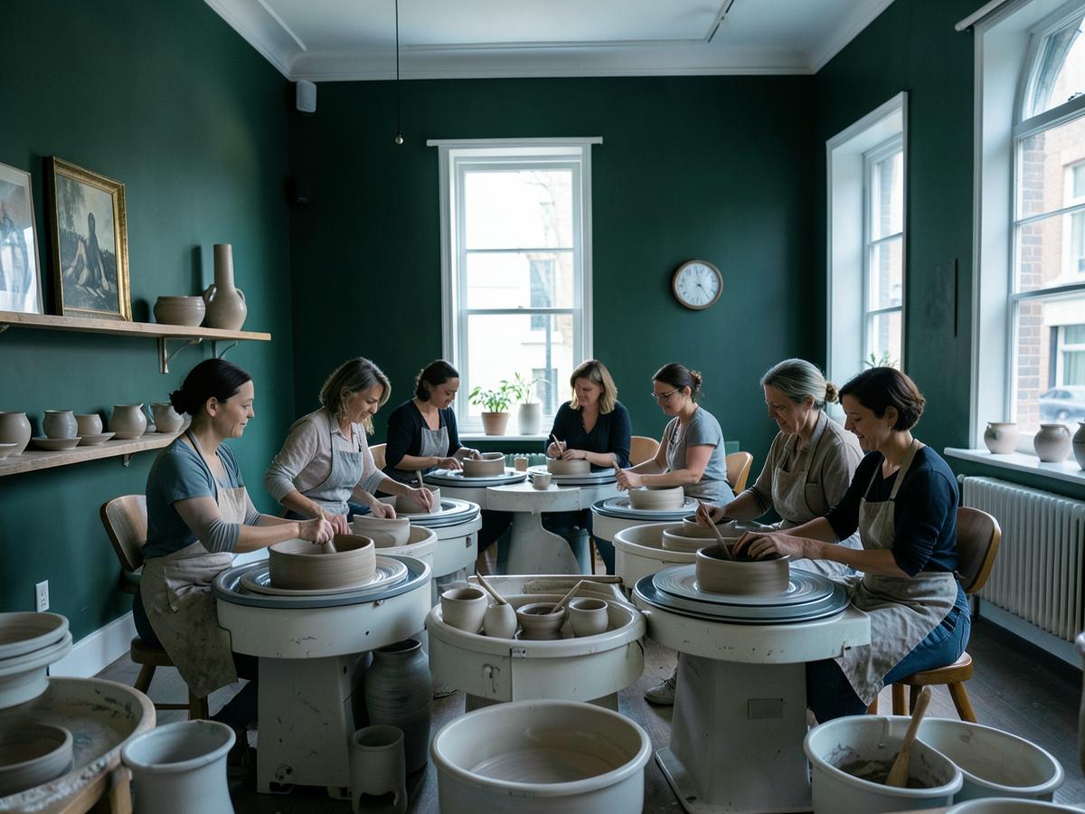 Beginners working at the potter's wheel during a studio course